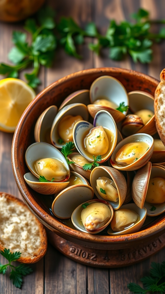 A bowl of garlic butter clams garnished with parsley and lemon, accompanied by crusty bread.
